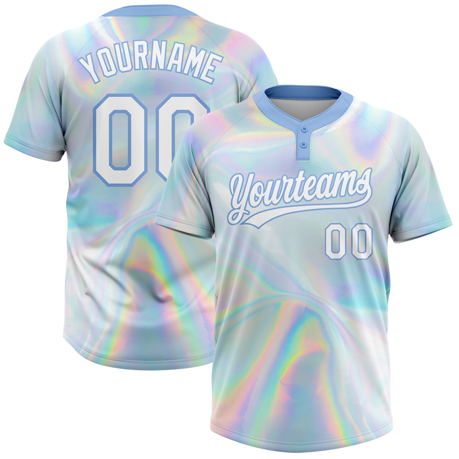 Custom White Light Blue Abstract Trendy Holographic Vaporwave Style 3D Pattern Design Two-Button Unisex Softball Jersey