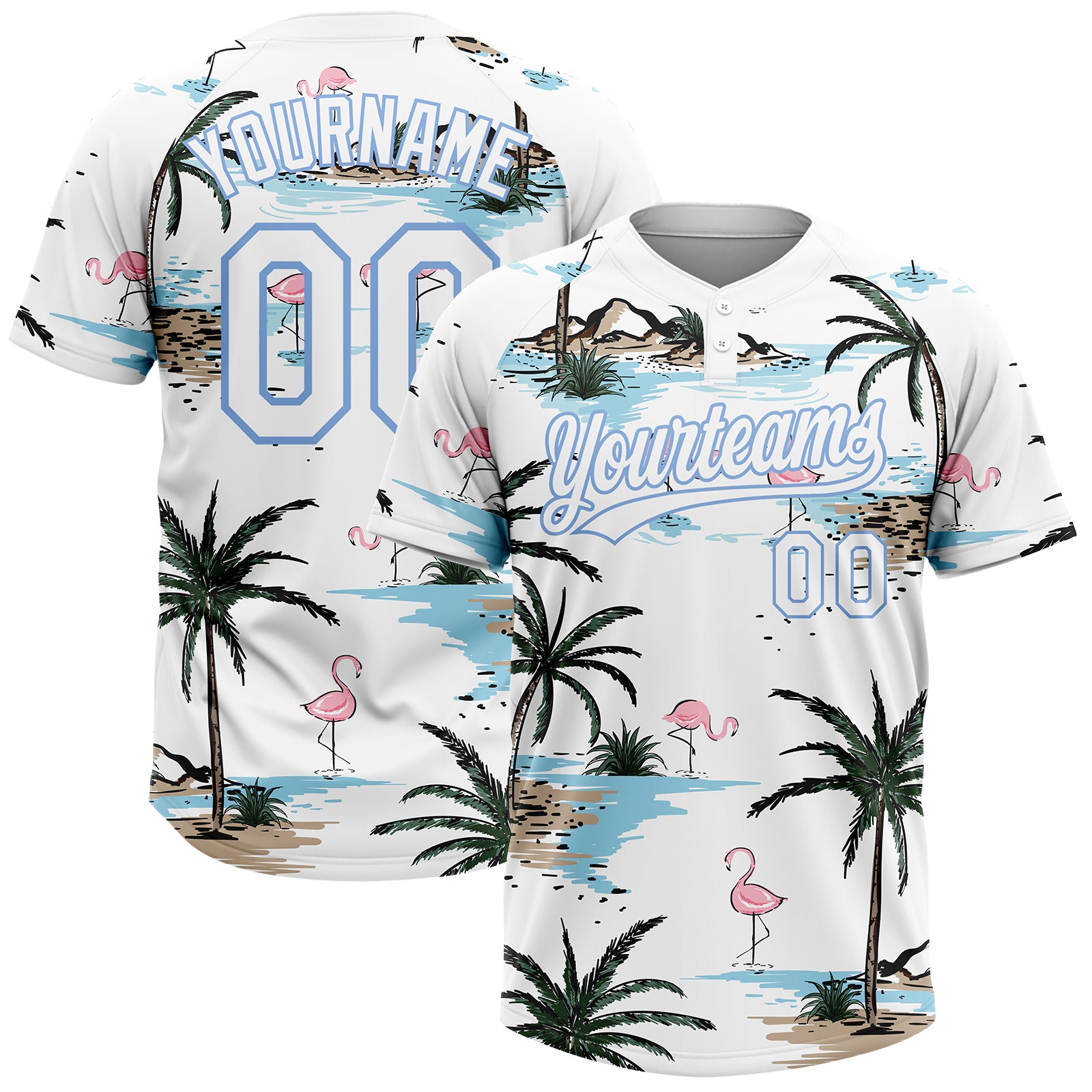 Custom White Light Blue Tropical Hawaii Palm Trees And Flamingo Two-Button Unisex Softball Jersey