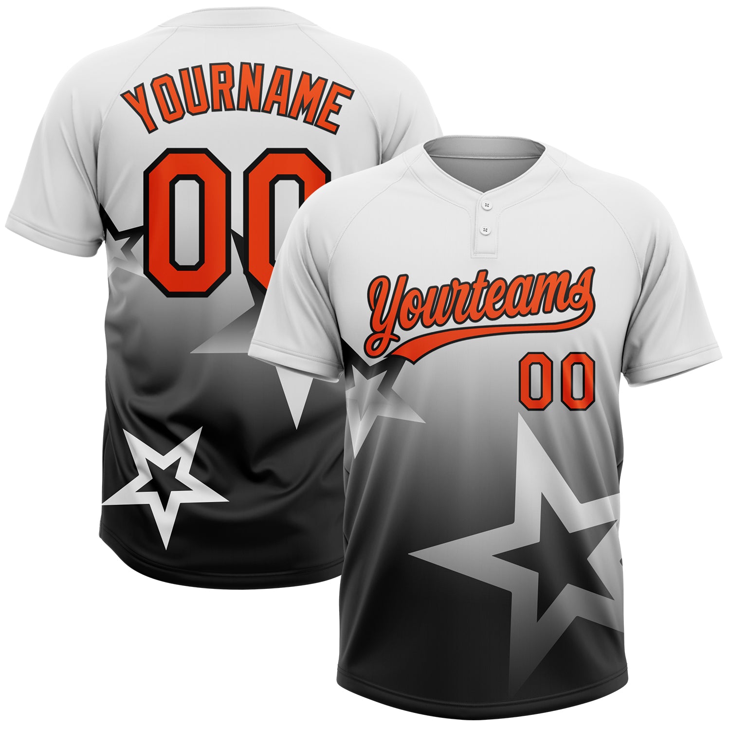 Custom White Orange-Black Gradient Style Twinkle Star Two-Button Unisex Softball Jersey