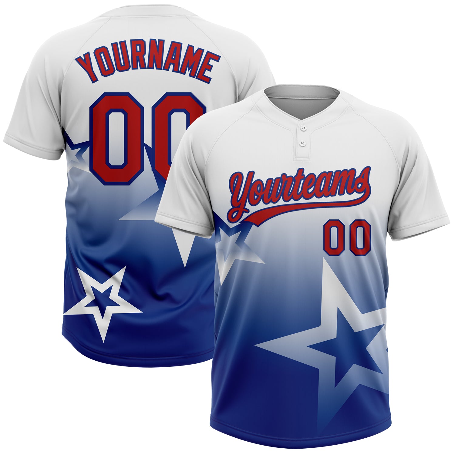 Custom White Red-Royal Gradient Style Twinkle Star Two-Button Unisex Softball Jersey