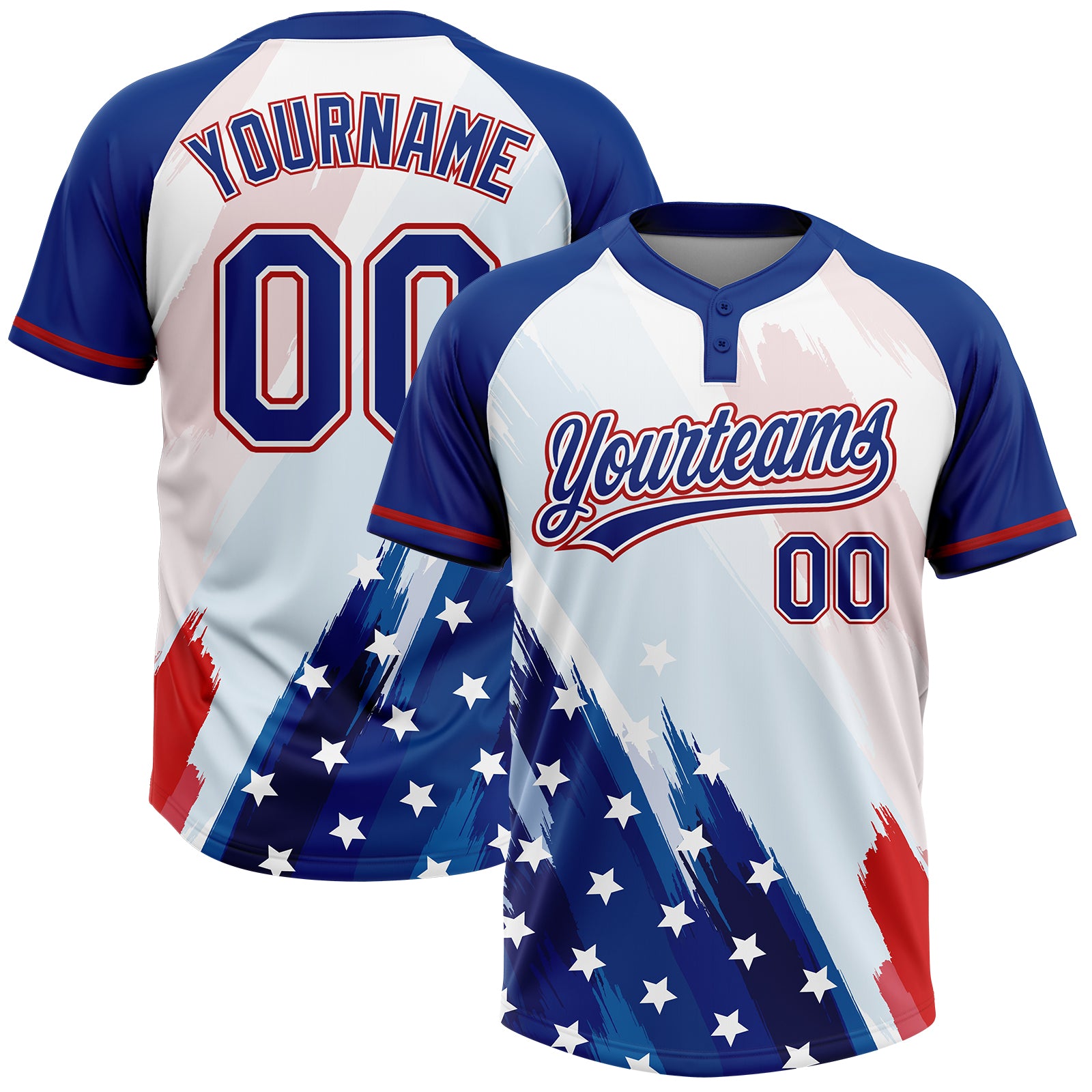 Custom White Royal-Red American Flag Two-Button Unisex Softball Jersey
