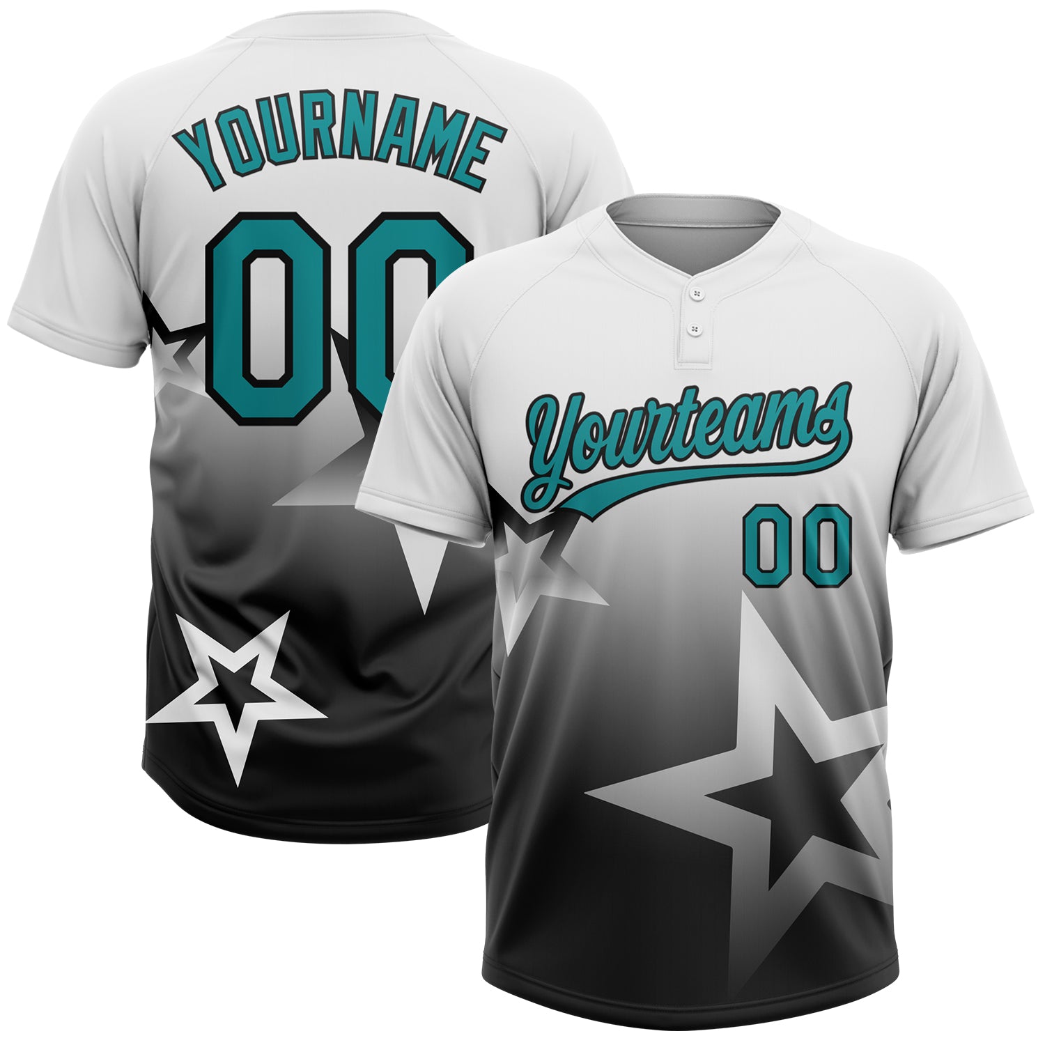 Custom White Teal-Black Gradient Style Twinkle Star Two-Button Unisex Softball Jersey
