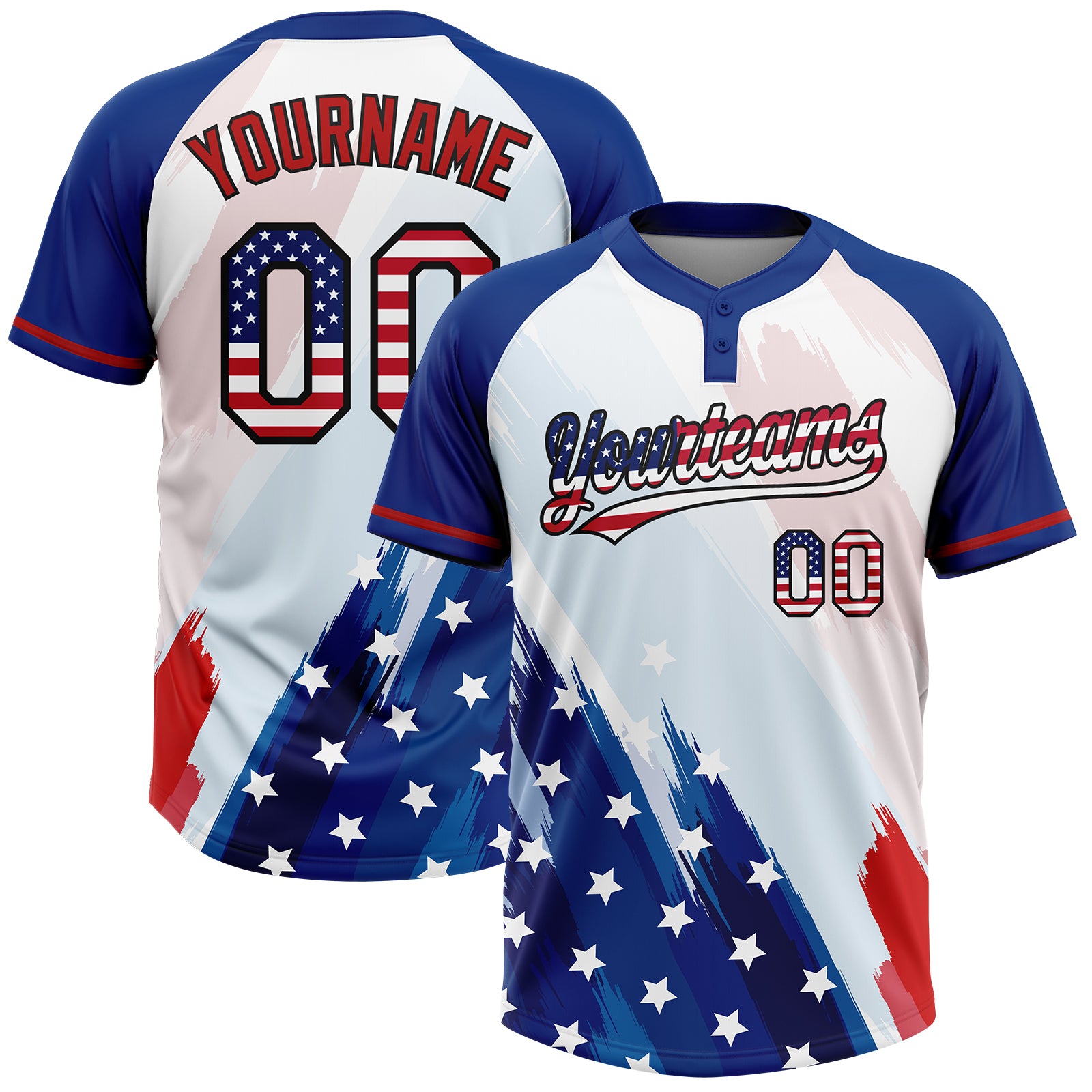 Custom White USA Flag Royal Red-Black American Flag Two-Button Unisex Softball Jersey